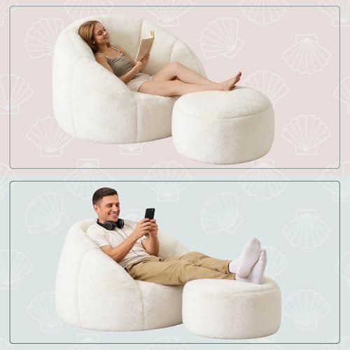 Oversized Bean Bag Chair with Footstool for Adults and Kids, Giant Fuzzy Accent Reading Chair with Ottoman Pouf, Lounge Chair Chaise Indoor, Faux Fur Round Large Floor Sofa Couch for Game, Nap, Beige - Thumbnail 5
