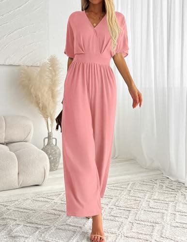 LOOKBOHO Jumpsuits for Women V Neck Elegant Dressy Casual One Piece Romper Batwing Sleeve Wide Leg Jumpsuit Outfits Pink XL - Thumbnail 5