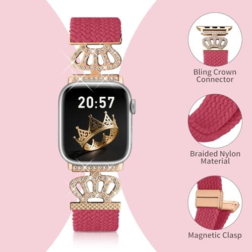 Chinber Braided Band Compatible with Apple Watch Bands 40mm 38mm 41mm 42mm 44mm 45mm 46mm 49mm,Magnetic Soft Nylon Stretchy Strap with Designer Bling Crown Strap for Series 10/9/8/7/6/5/4/3/2/SE/Ultra - Thumbnail 3