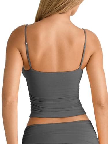 PINKMSTYLE Women Sexy Deep V Neck Double Lined Sleeveless Fitted Basic Tops Y2K Tank Top Cami Deep Grey Medium - Thumbnail 6