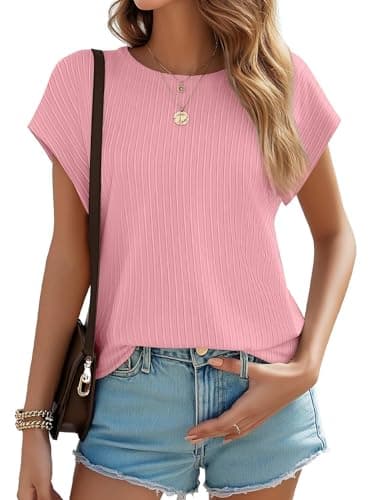 JUSTFASHIONNOW Womens Short Sleeve Tops Business Casual Tops for Women Crew Neck Basic Tees Textured Work Shirts Office Outfits(Pink,XXL) - Image 1