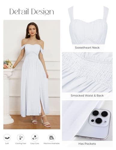 GRACE KARIN Summer White Dress for Women 2026,Off the Shoulder Smocked Bridesmaid Dresses,Formal Baby Shower Maxi Dresses L - Thumbnail 3