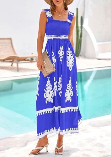 PRETTYGARDEN Womens Summer Boho Maxi Dress 2026 Casual Sleeveless Square Neck Floral Aline Smocked Beach Dresses with Pockets (Floral Royal Blue White,X-Large) - Thumbnail 6