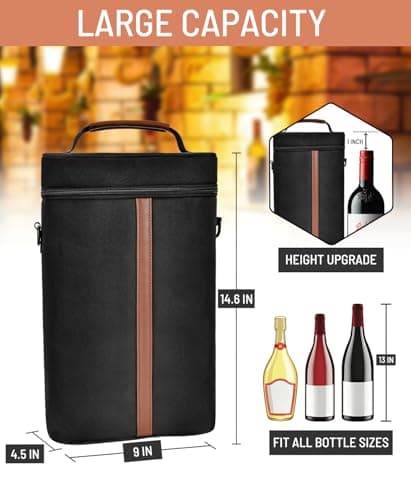 Neverwhy Insulated Wine Bag - Wine Bottle Carrier Tote Cooler Bags for Gifts Travel Picnic Beach, Black - 2 Bottle - Thumbnail 4