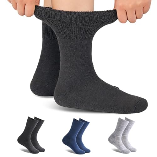 Forcool 3 Pairs Merino Wool Diabetic Men's Women's Non Binding Loose Top Crew Diabetes Extra Wide Seamless Toe Cushioned Sole Dress Socks, X-Large Gray Blue - Image 1