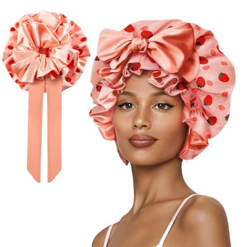 Vettres Silk Bonnet for Sleeping Women, Satin Hair Shower Cap 2025 Tie Band Adjustable Straps Head Wrap for Curly Hair Strawberries F - Image 1