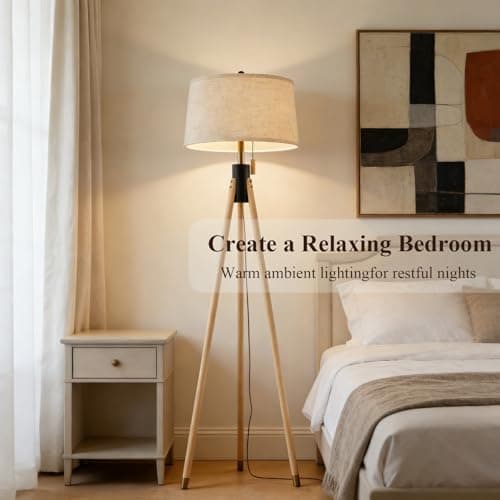 Mid Century Modern Tripod Floor Lamp, Gold Accented Two-Tone Solid Wood Floor Lamp with Black-Finished Solid Wood Center, Linen Shade & Pull Chain, Tall Lamp for Living Room Bedroom Reading Corner - Thumbnail 4