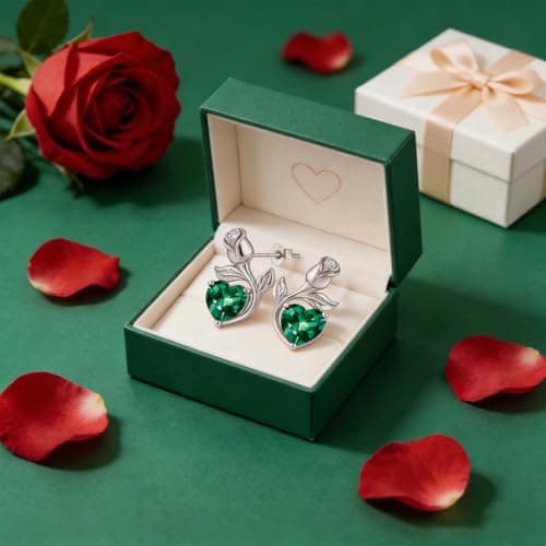 JACUPO 0.8CT Rose Heart Earrings Option of Sapphire Moissanite Stud Earrings Lab-Grown Earrings Birthstone Earrings for Women S925 Sterling Silver Post D Color VVS1 Clarity Ideal Gift for Wife Mother for Birthday Anniversary Valentine's Day Conveying I Love You Message (May Emerald Silver) - Thumbnail 6