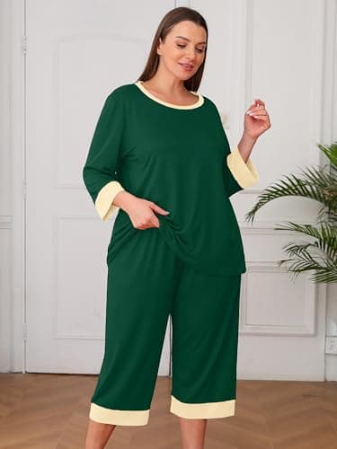 AusLook Women’s Plus Size Pajama Sets Dark Green 1X Soft 3/4 Sleeve Nightwear Top and Capri Pants Lounge Set with Pockets - Thumbnail 5