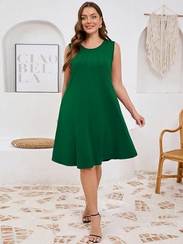AusLook Plus Size Midi Dress for Women Sleeveless Casual Summer Green 1X Tank Dress with Pockets Round Neck A-Line Swing Flowy Solid Color Travel Vacation Sundress - Thumbnail 6