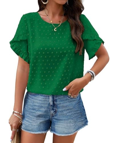 PRETTYGARDEN Women's Tops 2026 Summer Ruffle Short Sleeve Crewneck Blouses Swiss Dots Solid Loose Tunics Work Shirts(Green,XX-Large) - Image 1
