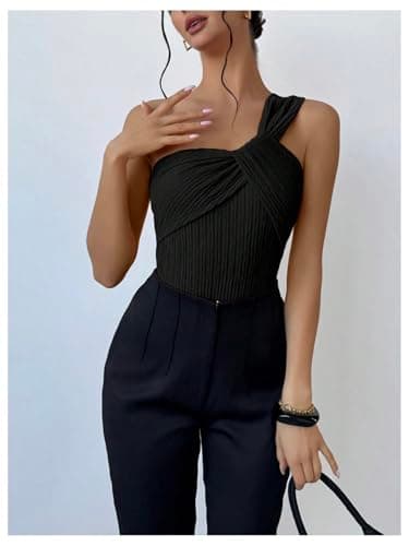 GORGLITTER Women's Twist Front One Shoulder Bodysuit Sleeveless Backless Asymmetrical Neck Tank Top Jumpsuits Black Small - Thumbnail 5
