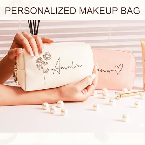 DayOfShe Personalized Name Makeup Bag for Bridesmaid Gifts Bridal Shower Wedding Gifts Custom Toiletry Bag Cosmetic Bag for Best Friend Birthday Gifts - Thumbnail 5