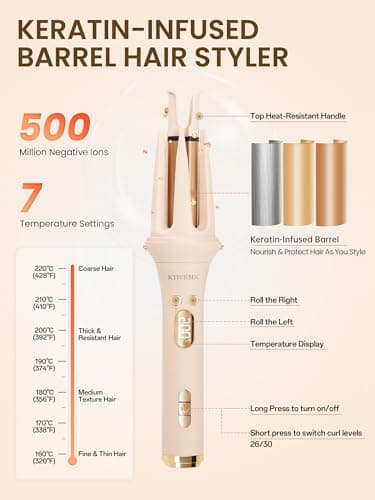 KTIVHMIC 3-in-1 Automatic Curling Iron & Straightener,1" & 1.25" Ceramic Barrels with Keratin & 500M Ions, Beach Wave Curling Wand,Dual Voltage,Lightweight and Portable Rotating Curler - Thumbnail 3