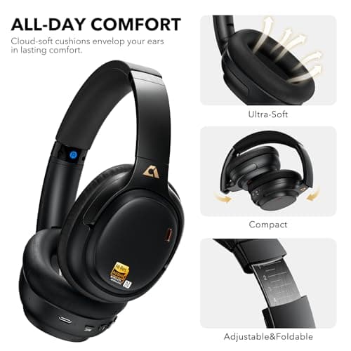 1Mii E700 Hybrid Active Noise Cancelling Headphones, Bluetooth Wireless Hi-Res Audio LDAC, Comfortable Over Ear for Commuters Traveler Student, aptX Low Latency for TV Home Office Airplane, Black - Thumbnail 6