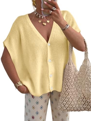 PRETTYGARDEN Womens 2026 Summer Oversized Cardigans Batwing Short Sleeve Lightweight Button V Neck Casual Knit Sweater Tops (Yellow, Large) - Image 1