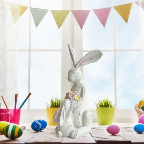 LIFFY Easter Bunnies Statue Home Decor - Charming Hand Painted Resin Rabbit Figurines with Flower, Pretty Spring Home Decor & Gift - Thumbnail 4