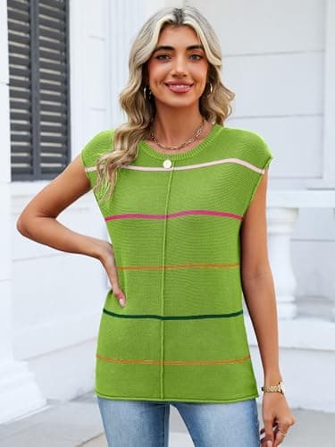 Bellcoco Womens Cap Sleeve Summer Tops Striped Sweater Vest Lightweight Casual Crewneck Loose Knit Pullover Tank Top Beach Vacation Outfits Green XXL - Thumbnail 2
