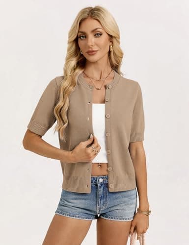GRACE KARIN Womens Khaki Short Sleeve Cardigan, 2026 Basic Summer Cardigan Sweater, Cropped Cotton Shrug Sweater - Thumbnail 3