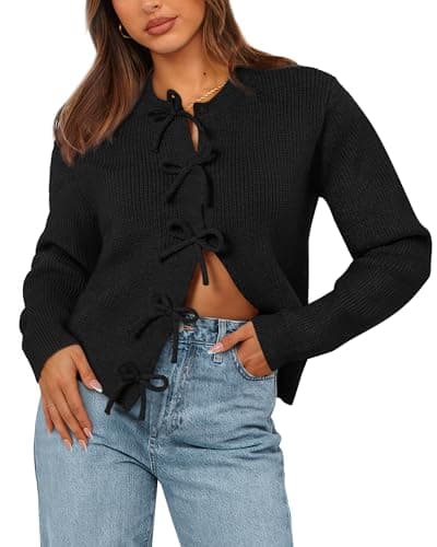 BTFBM Bow Cropped Cardigan Sweaters for Women 2026 Fall Winter Open Front Sweater Long Sleeve Button Fashion Spring Clothes(Black, Medium)