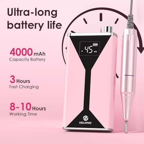 HELIVIVE Professional Electric Nail Drill 45000RPM (Portable & Rechargeable) (with 11 Drill Bits ) Cordless Nail File Machine for Shaping, Polishing & Removing Gel Nails for Salon Home (Pink) - Thumbnail 3