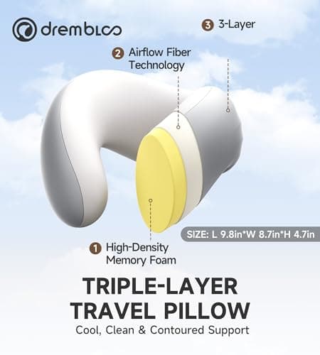 drembloo Neck Pillow Airplane, CertiPUR-US® BASF Memory Foam Cooling Travel Pillows for Sleeping, Adjustable Flight Sleep Pillow with Comfortable Breathable Cover, Portable Plane Accessories - Thumbnail 6