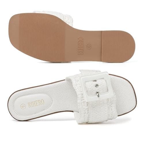 Rihero Flat Sandals for Women Square Toe Raffia Slide Sandals Summer Dressy Slip On Buckle Straw White Beach Slides White Size 8.5 - Thumbnail 6