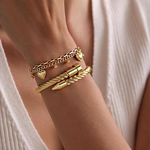 LCTrusttmor Gahna Heart Charms Bracelets for Women, Stackable 18K Gold Plated Heart Charm with Adjustable Layered Link Chain Set Dainty Jewelry Gifts - Thumbnail 3
