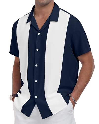 YTD Men's Vintage Bowling Shirt Short Sleeve Button Down Summer Cuba Beach Shirts Navy Blue White - Image 1
