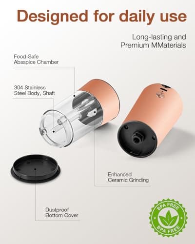 Gravity Electric Salt and Pepper Grinder Set with USB-C Charging Base,Rechargeable Automatic Stainless Steel Pepper Mill Grinder with LED Light, 2pack+Peach Orange (Peach Orange) - Thumbnail 6
