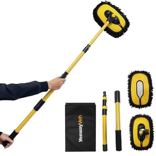 YeewayVeh Car Wash Brush Mop with Long Handle, 55" Car Wash Brush with 2 Replaceable Microfiber Mop Heads, 15° Curved Extension Pole Auto Cleaning Wash Kit for Truck SUV RV Camper, Yellow