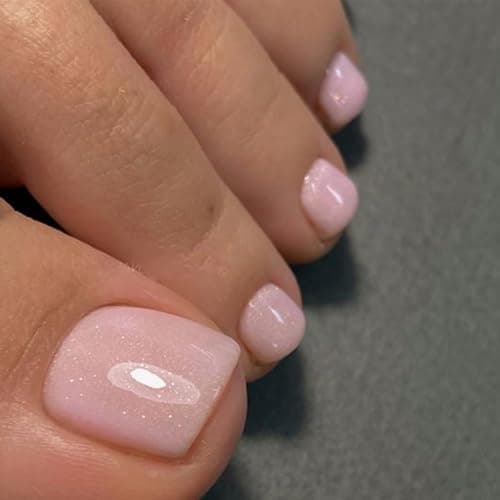 GLAMERMAID Baby Pink Press on Toenails Short, Spring Summer Shrimmer Jelly Soft Glossy Gel Glue on Toe Nails, Neutral Glitter Reusable Square Toe Fake Nails, Acrylic False Nails Manicure Kit for Women - Thumbnail 3