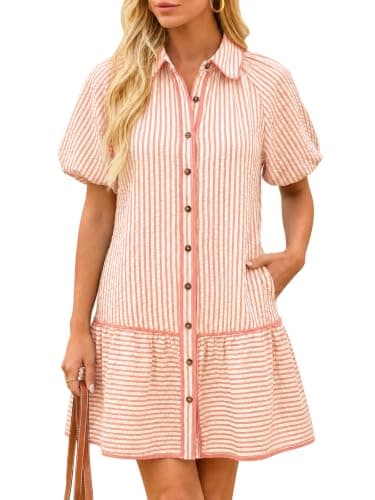 Wenrine Womens Summer Button Down Shirt Dress Casual Striped Puff Short Sleeve Collared Loose Mini Dresses with Pockets Pink - Image 1