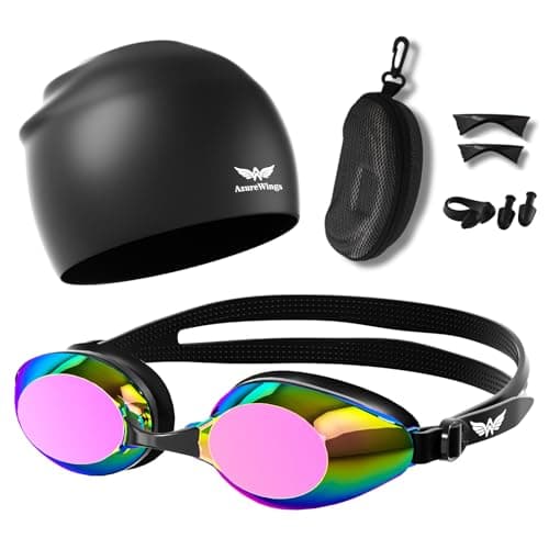 AzureWings Swim Goggles + Swim Cap for Men & Women,Upgraded Anti-Fog UV Swimming Goggles,No Leak Comfort Fit HD Adult Goggles（6 in 1 ） (Pink)
