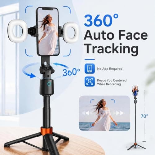 70" Auto Face Tracking Phone Tripod with Fill Light, 360° Rotating Smart Shooting Stand with Remote Control, No App Required for Vlogging, TikTok Live, YouTube & Video Recording - Thumbnail 2