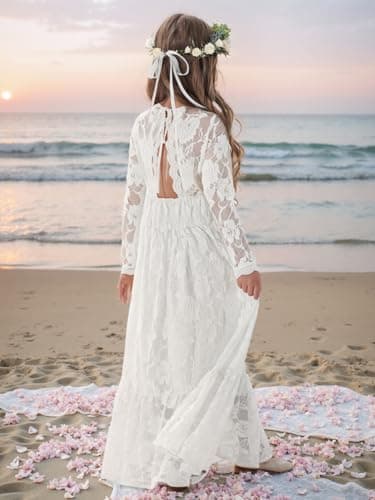 ALLOVIN Toddler & Girls Long Sleeve Lace Flower Girl Dress Maxi Boho A-Line Dress for Wedding Baptism 1st Communion | White | 11-12Y - Thumbnail 6