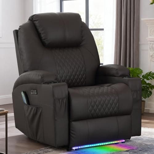 Power Recliner Chair with Heat and Massage for Adults - Home Theater Seating with LED Lights,Cup Holders,Side Pocket,USB Port - Recliner Sofa for Living Room (Brown, Single Recliner) - Image 1