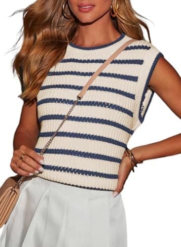 Dokotoo Tank Top for Women Color Block Striped Sweater Vest 2026 Cute Crewneck Loose Fitting Sleeveless Blue Stripe Tank Tops Ribbed Knitted Spring Fashion Going Out Trendy Clothes X-Large - Image 1