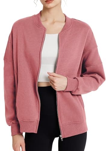 GEMLON Womens Zip Up Sweatshirts Jackets Long Sleeve Casual Loose Outwear with Pockets Dusty Pink 3XL - Thumbnail 4