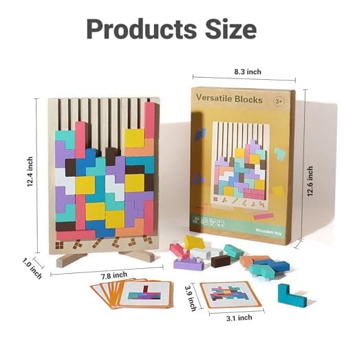 FAMCHAINS Wooden Block Stacking Puzzle Toy, Sliding Tiles Game, Russian Block Game with Pattern Cards, Stress Relief Toy,Giant Jigsaw Puzzle Board - Thumbnail 6