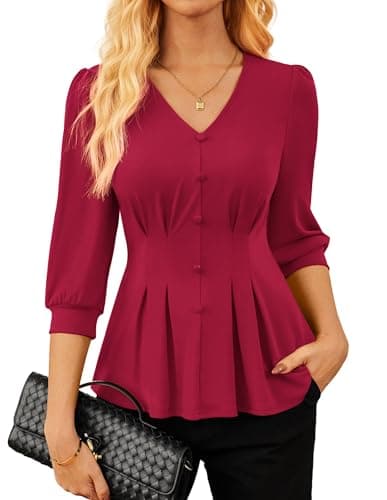 GRACE KARIN Women Business Casual Tops, 2026 Summer Trendy Dressy Blouses, 3/4 Sleeve V Neck Work Shirts Burgundy Small - Image 1