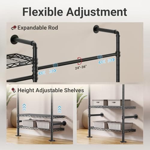 Timate X3 Expandable Heavy Duty Clothes Rack Wall Mounted Clothing Rack for Hanging Clothes, Industrial Pipe Closet System for Walk in Closet Kit Wall Mount Clothes Rack with Basket, Black Wall Closet - Thumbnail 6