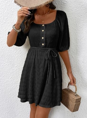 Dokotoo Dresses for Women 2026 Elegant Classy Fashion Embroidered Pleated Black Dress Tie Waist Square Neck Button Casual Beach Party Dress Short Sleeve Wedding Guest Dresses for Women X-Large - Thumbnail 4