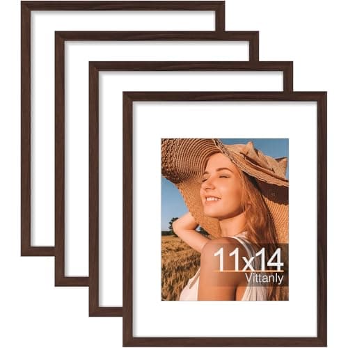 Vittanly 11x14 Picture Frame Set of 4, Display Pictures 8x10 with Mat or 11x14 without Mat, Engineered Wood with Shatter Resistant Plexiglass, Wall Gallery Photo Frames for Wall or Tabletop, Brown - Image 1