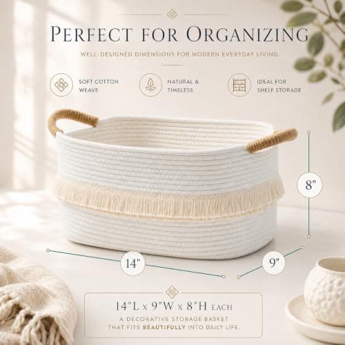 BUBUSUN Woven Baskets, 3-Pack Storage Basket for Living Room, Bedroom, Nursery, Stylish Gift Basket with Handles, Cotton Rope Basket for Toys and Shelves, Multi-Purpose Organizer, White - Thumbnail 4