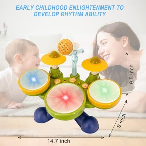 Electronic Hand Drum Set for Toddlers with Microphone, Cymbals and Lights - Thumbnail 2