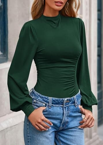 KIRUNDO Blouses for Women Dressy Casual 2026 Fall Ruched Puff Long Sleeve Shirts Mock Neck Underscrub Fitted Trendy Tops (Dark Green, X-Small) - Thumbnail 4