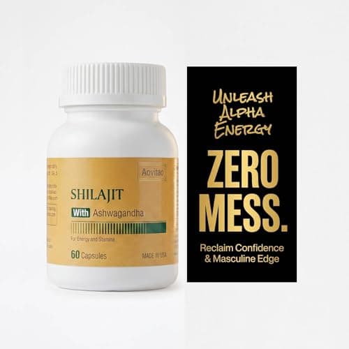 AOVITAO Natural Shilajit Capsules 550mg with Ashwagandha for Men and Women – Daily Wellness Supplement, 60 Capsules - Image 1