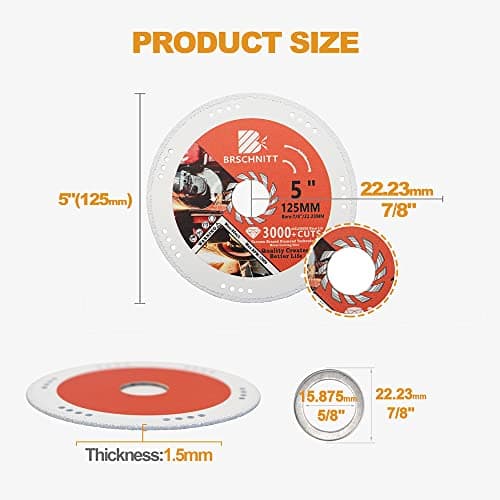 BRSCHNITT Diamond Cut Off Wheel,5 Inch x 7/8 Inch-5/8 Inch Arbor Vacuum Brazed Diamond Saw Blades for Metal Steel Tube Iron Rebar Cutting Wheel 125mm - Thumbnail 2