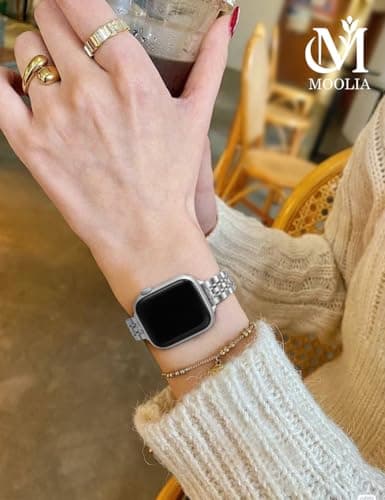 Moolia Slim Metal Band Compatible with Apple Watch Band 46/45/44/42/49mm Elegant Luxury Women Replacement Bracelet for iWatch Series 11 10 9 8 7 6 5 4 3 2 1 SE/Ultra(1/2/3), Silver - Thumbnail 6